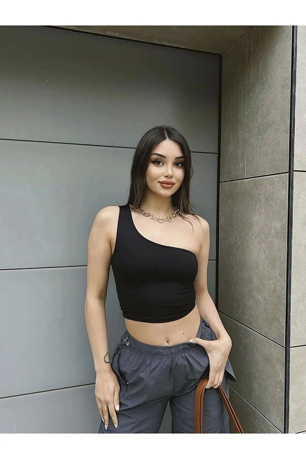 Tek Omuz Dekolteli Esnek Kumaş Crop / Bluz - 4