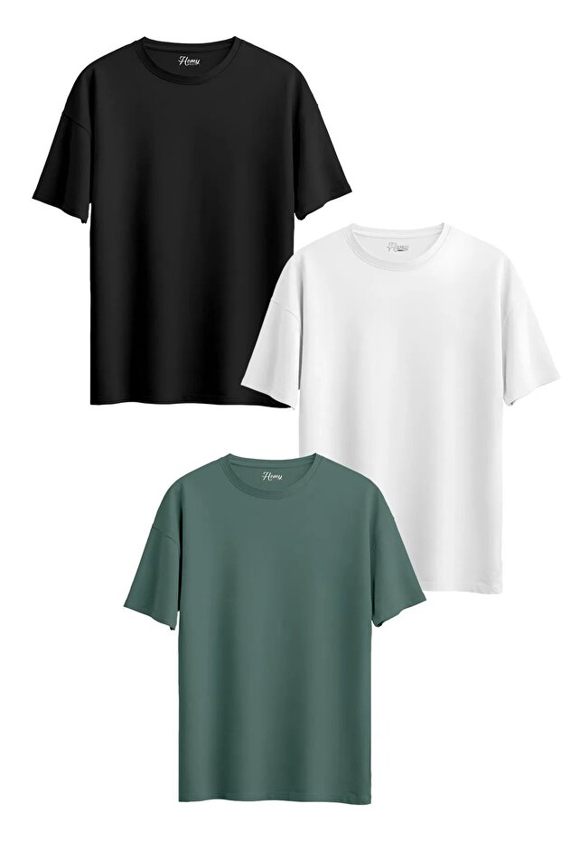 Green-Black-White 3-Piece Unisex Oversize T-Shirt Set