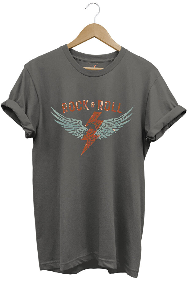 Rock and Roll Rock Music Wing Printed Regular Fit 100% Cotton Gray T-Shirt