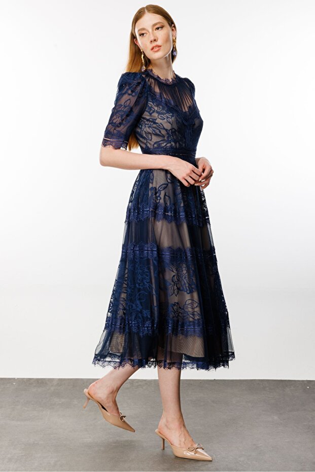 Lacivert Dantelli Elbise - 5