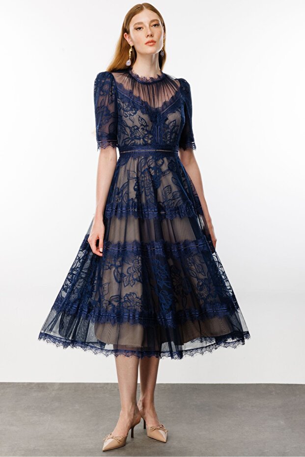 Lacivert Dantelli Elbise - 1