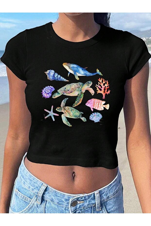 Women's Black Sea Creatures Printed Baby Tee Cropped