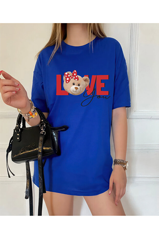 LOVE BEAR DESIGN - Oversize Printed Combed Cotton T-Shirt