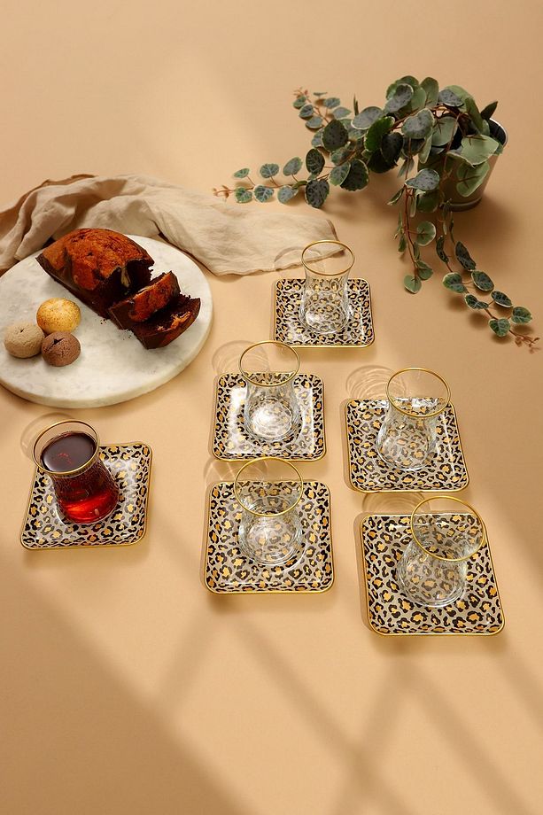 Leopar Desen Kare Çay Seti Yeni. - 1