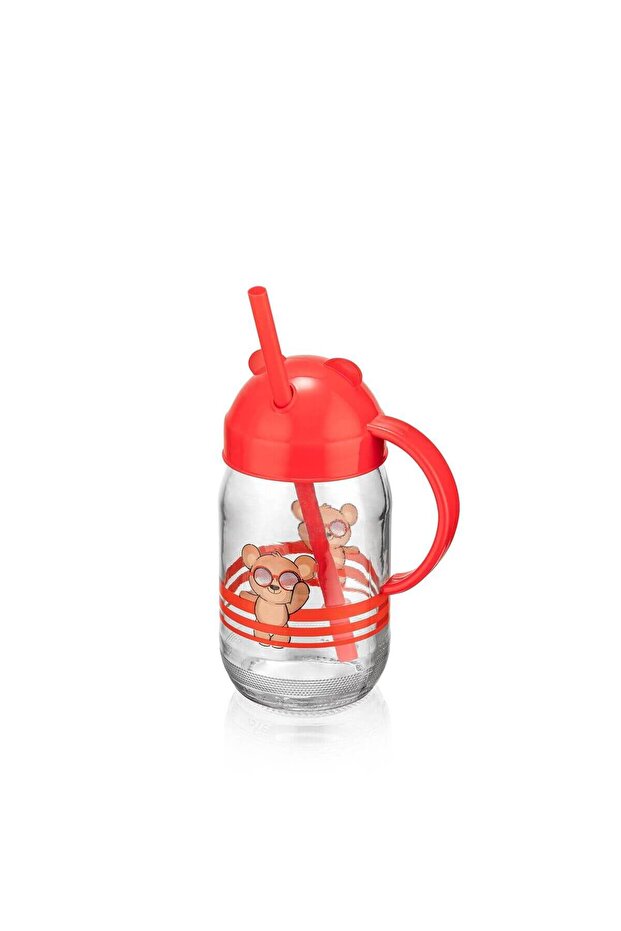 Tedy Bear Glass Straw Cup with Handle Water Bottle 370ml