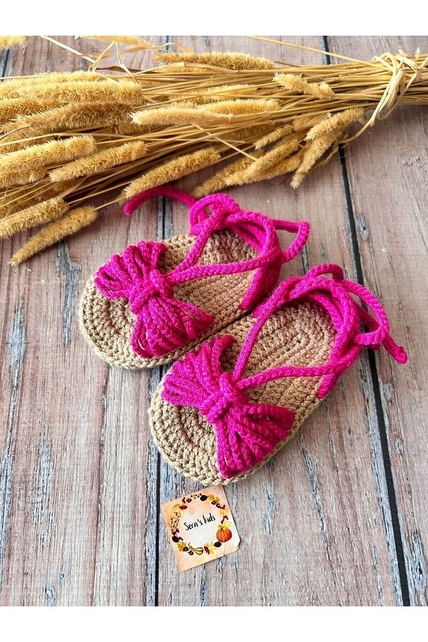 El Yapımı Örgü Pembe Kız Bebek Sandalet Patik - 1
