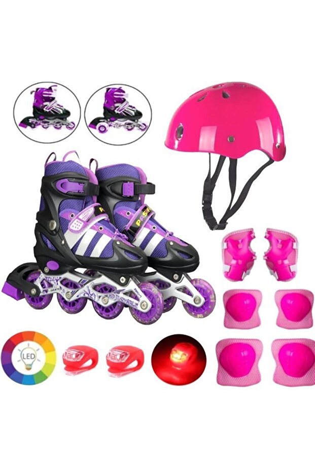 Purple Luminous Wheel Adjustable Children's Exercise Skating 2 Function Flashing Helmet Knee Pad Set - 1