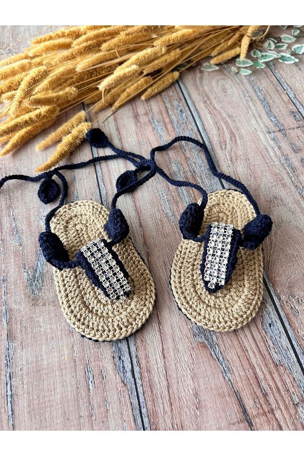 El Yapımı Örgü Taşlı Lacivert Parmak Arası Kız Bebek Sandalet Patik - 1
