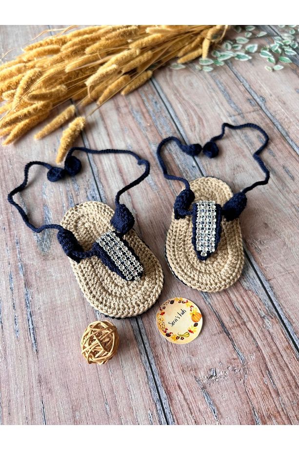 El Yapımı Örgü Taşlı Lacivert Parmak Arası Kız Bebek Sandalet Patik - 8