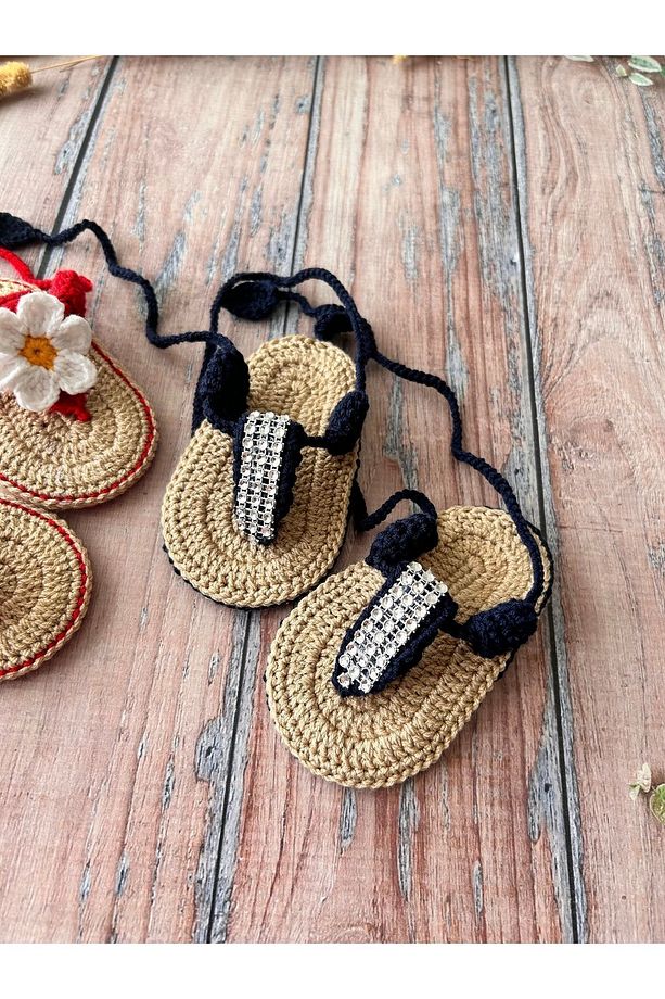 El Yapımı Örgü Taşlı Lacivert Parmak Arası Kız Bebek Sandalet Patik - 9