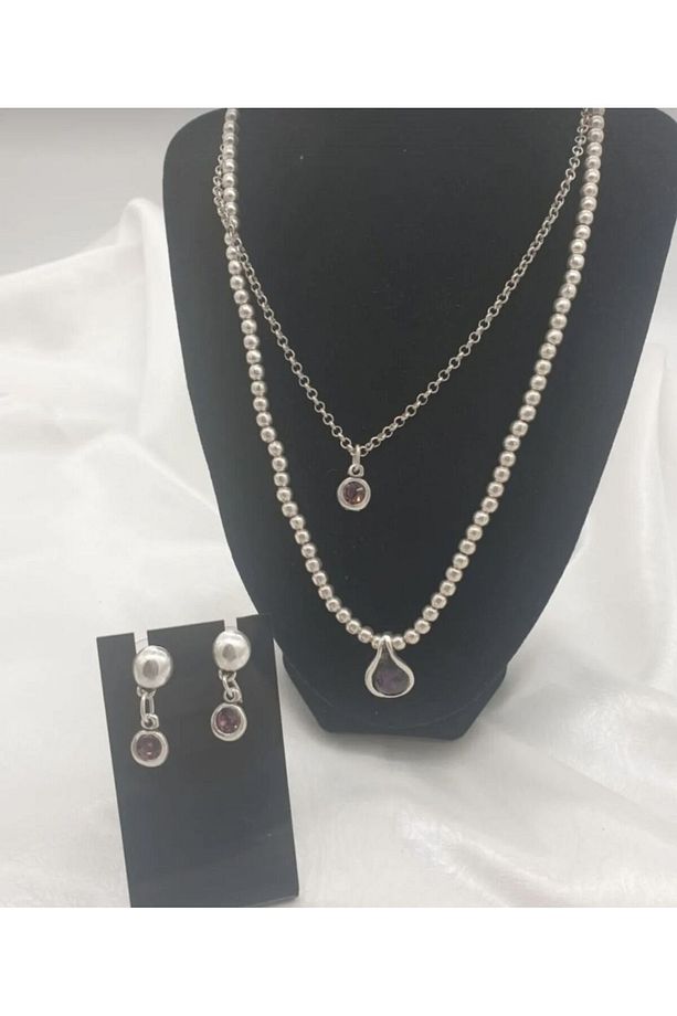 Damla Model Mor Taşlı Çoklu Gümüş Takı Antik Gümüş Kaplama Kolye Küpe - 5