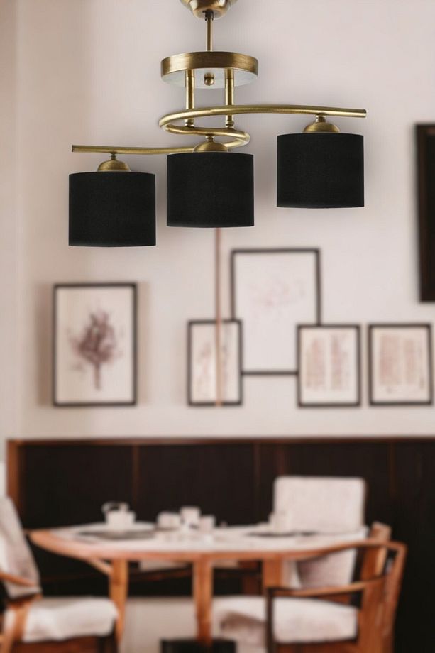 Fuji Modern Dekoratif Eskitme Renk Salon - Mutfak - Yatak Odası 3 lü Siyah Kumaş Başlıklı Avize - 4