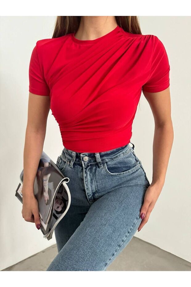 Women's Shoulder and Waist Draped Gathered Crop Blouse