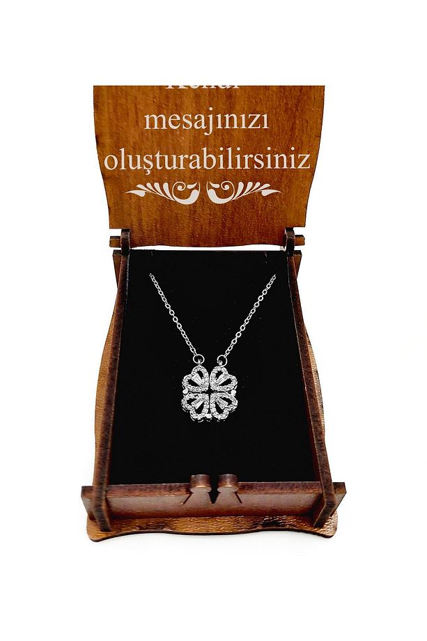 Sevgililer Günü Kişiye Özel Kutusunda Gümüş Renkli Mıknatıslı 4 Yapraklı Yonca Çelik Kolye - 3