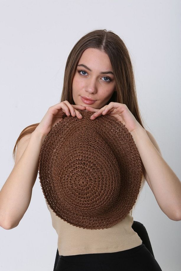 Kahve Örgü Hasır Bucket Kadın Şapka - 5