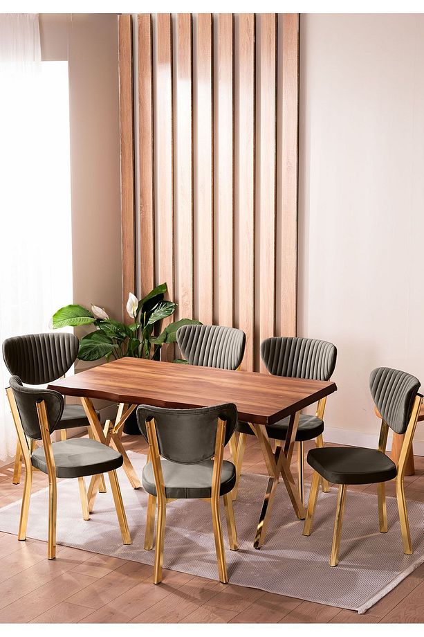 Kütük Desenli MDF Gold Elma Mutfak Masa Takımı 6 Sandalyeli Salon Yemek Masa Takımı - 1