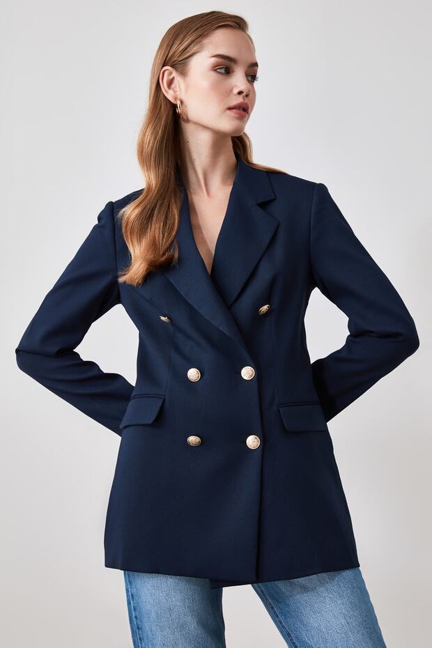 Lacivert Oversize Astarlı Kruvaze Kapama Dokuma Blazer Ceket TWOSS20CE0024 - 4