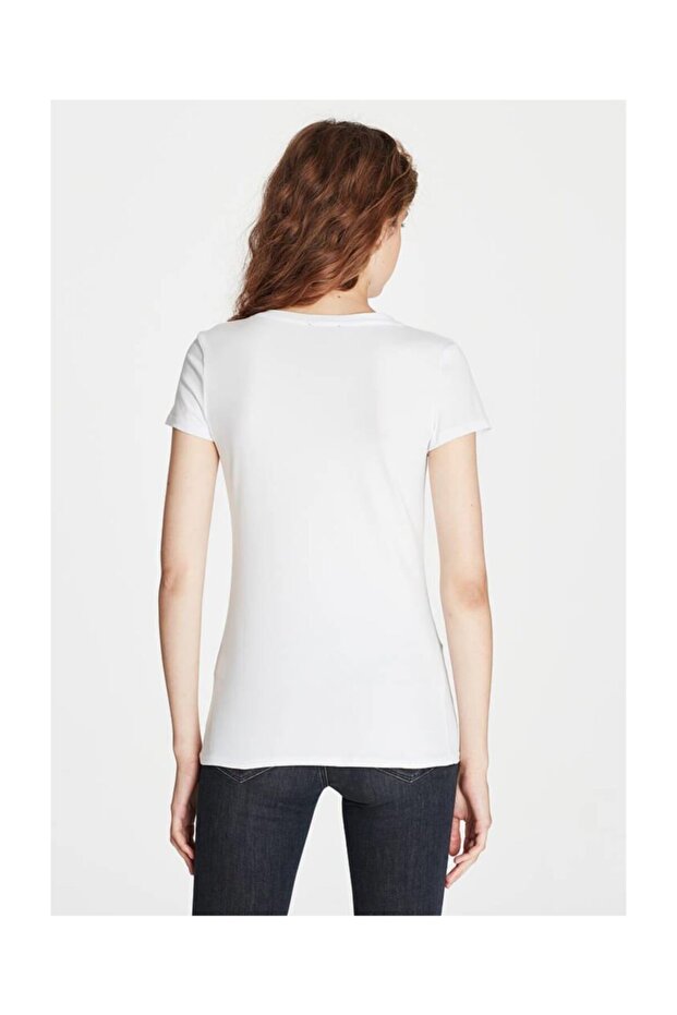 Kadın Beyaz V Yaka T-shirt - 3