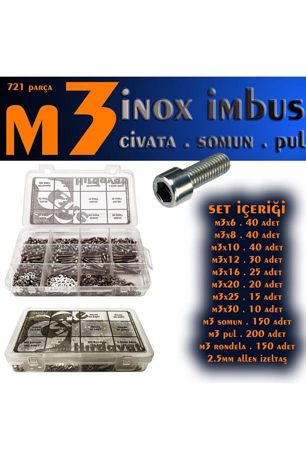 721 Parça M3 Inox (paslanmaz) Imbus Alyan Başlı Civata Somun Pul Seti - 1