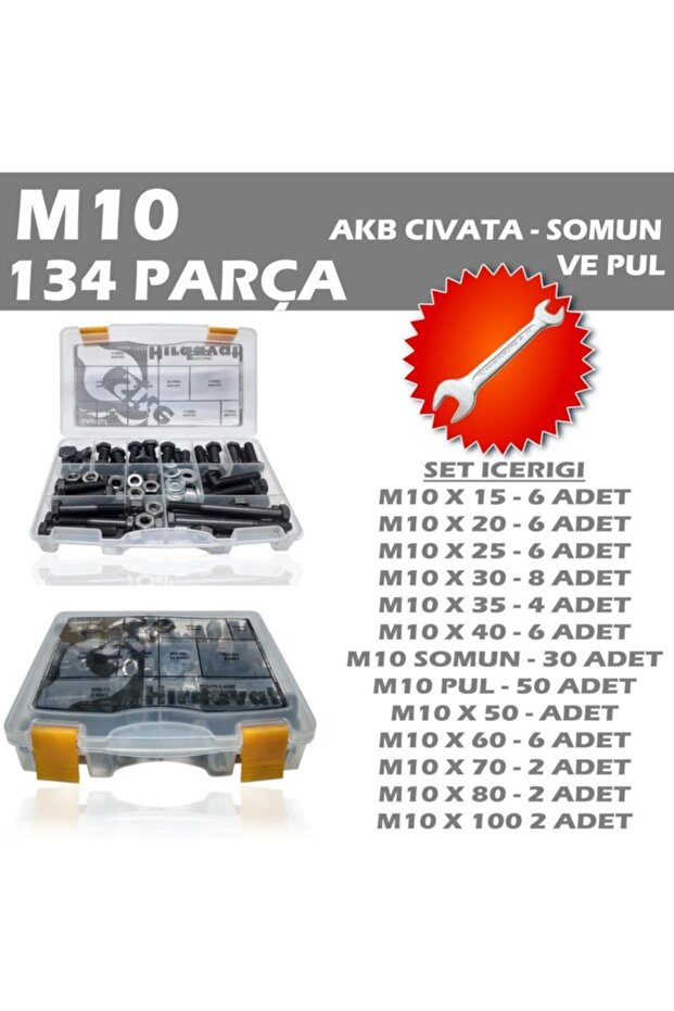 134 Parça M10 Akb Civata Somun Ve Pul Seti & Izeltaş Anahtar - 1