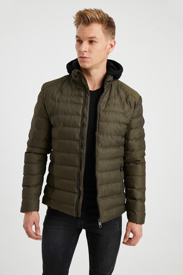 Men's Khaki Hooded Puffer Coat - 1
