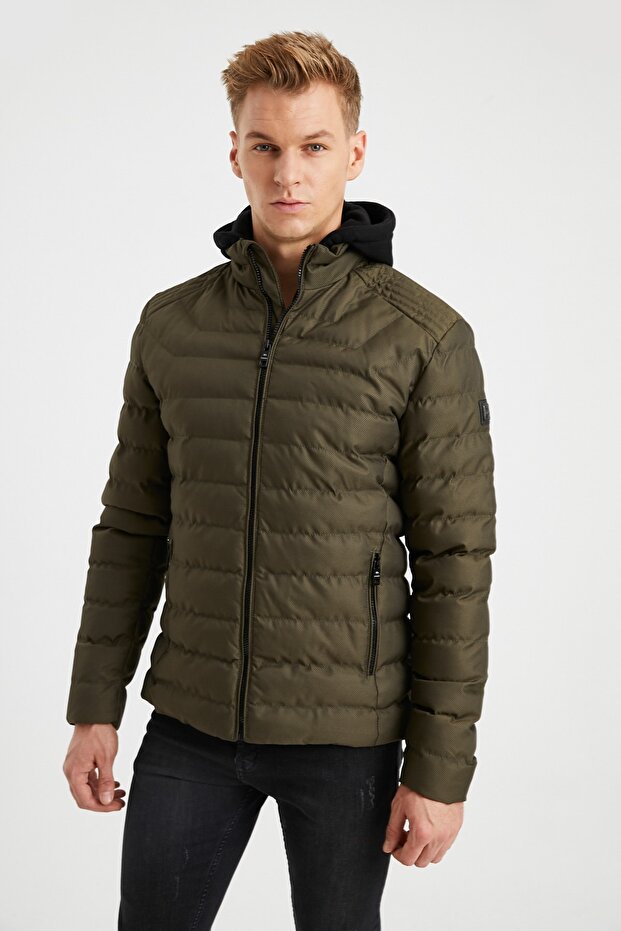 Men's Khaki Hooded Puffer Coat - 2