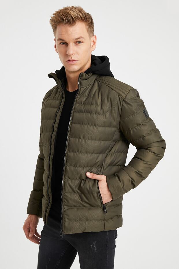 Men's Khaki Hooded Puffer Coat - 4