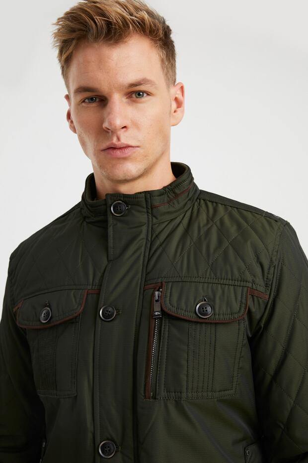 Vízálló bevonatú, férfi khaki műszőrmével bélelt vastagkabát - 4