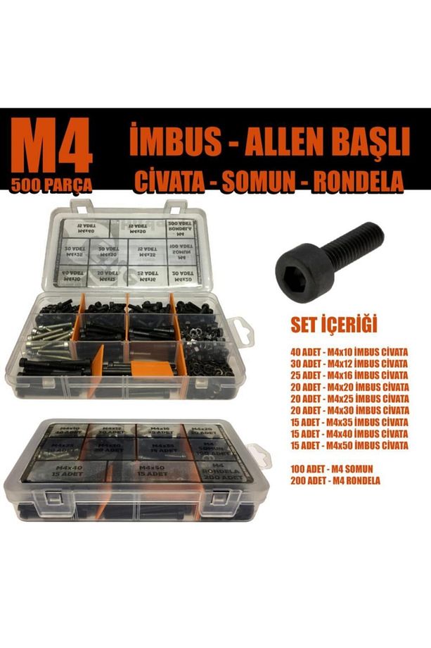 500 Parça M4 Imbus -alyan Başlı- Civata Somun Rondela Seti - 1