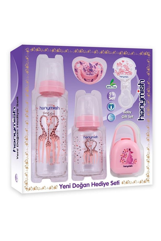 Cam Biberon Ve Emzik Seti 5'li - Yeni Doğan Seti Pembe - 1
