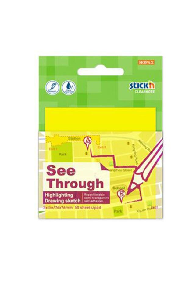 Hopax Stickn ورق ملاحظات لاصق شفاف 50 Yp 76x76 أصفر نيون 21709
