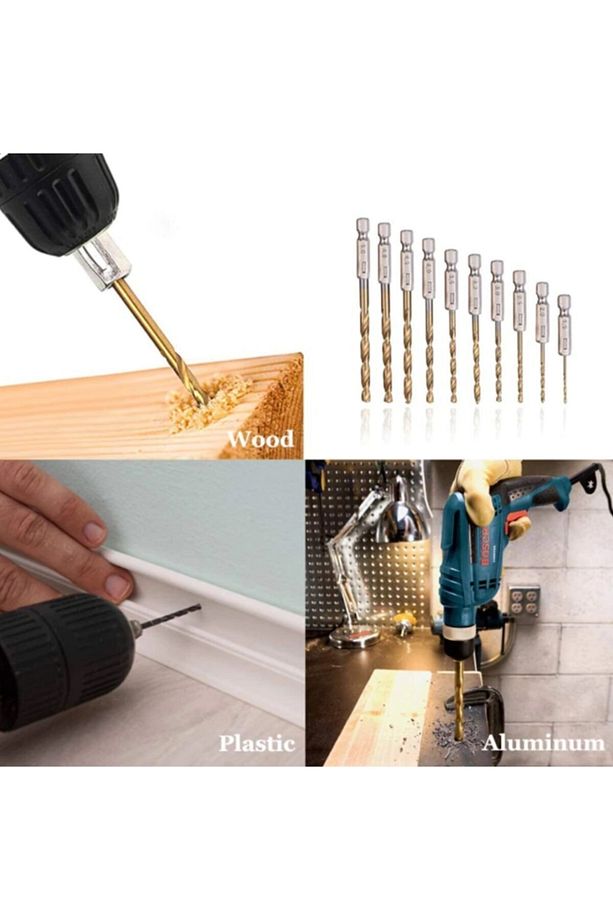 Hss Çelik Titanyum Kaplı Matkap Uç Seti 10 Parça Altıgen Saplı 1/4 Hex Ahşap Metal Uç Takımı - 2
