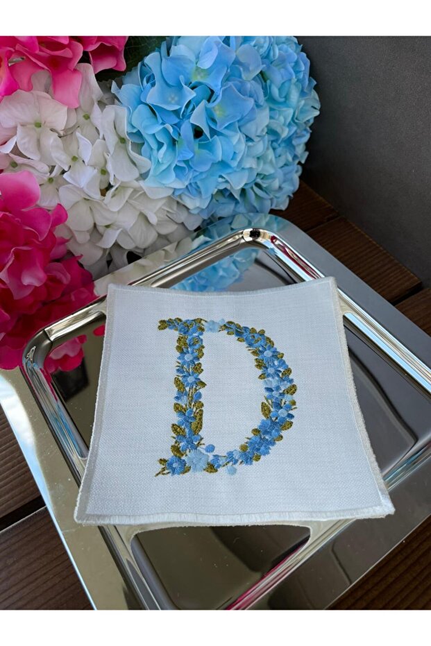 Floral Patterned Cocktail Napkin Blue "C" Letter Single