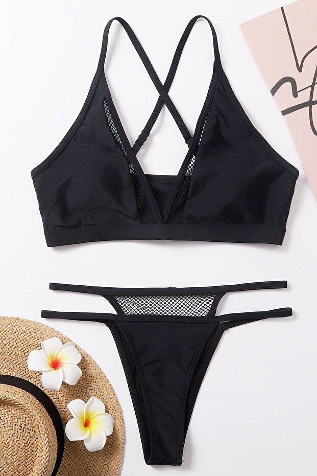 Kadın Siyah File Detaylı Özel Bikini Takımı - 4
