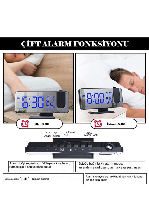 Çok Fonksiyonlu Masaüstü Saat (fm Radio Alarm Projeksiyon Sıcaklık Alarm) - 7