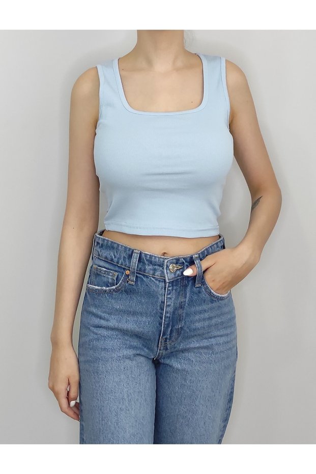 Women's Blue Ribbed U-Neck Sleeveless Crop T-Shirt