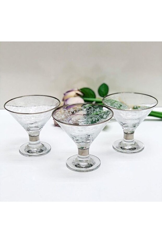 Set of 6 Hand Decorated Engraved Glass Sugar Bowl, Turkish Delight Cup, Chocolate Ice Cream Cup