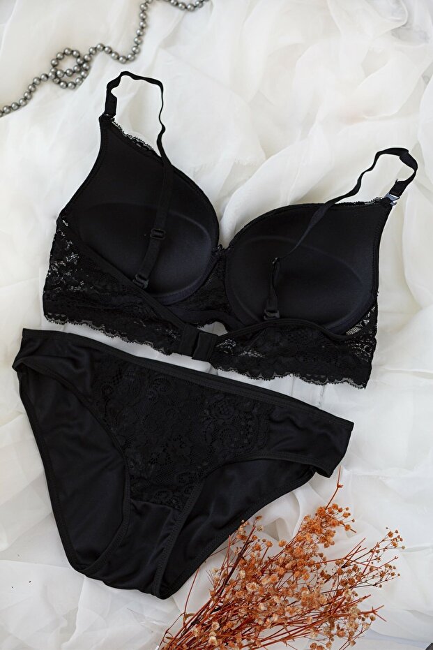 Kadın Siyah Dolgulu Dantel Sütyen Ve Külot Takım - 2