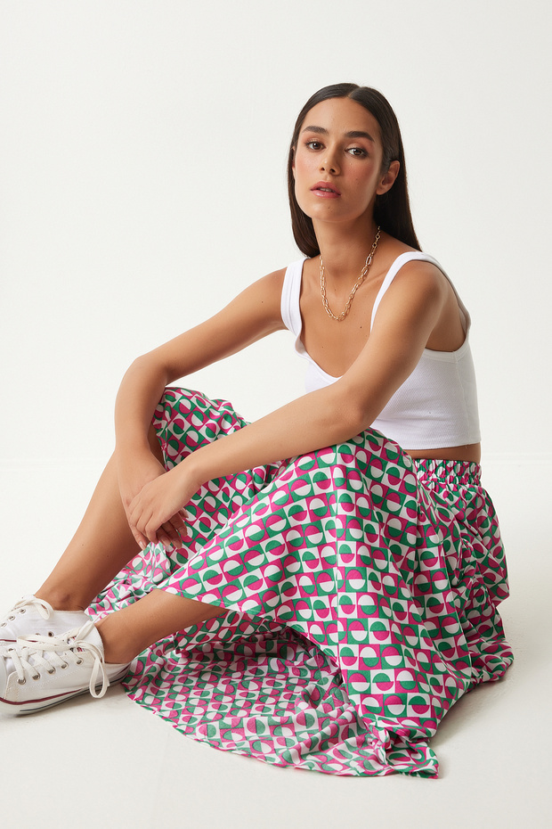 Pink Green Patterned - Flounced Viscose Women's Maxi Skirt FN03197