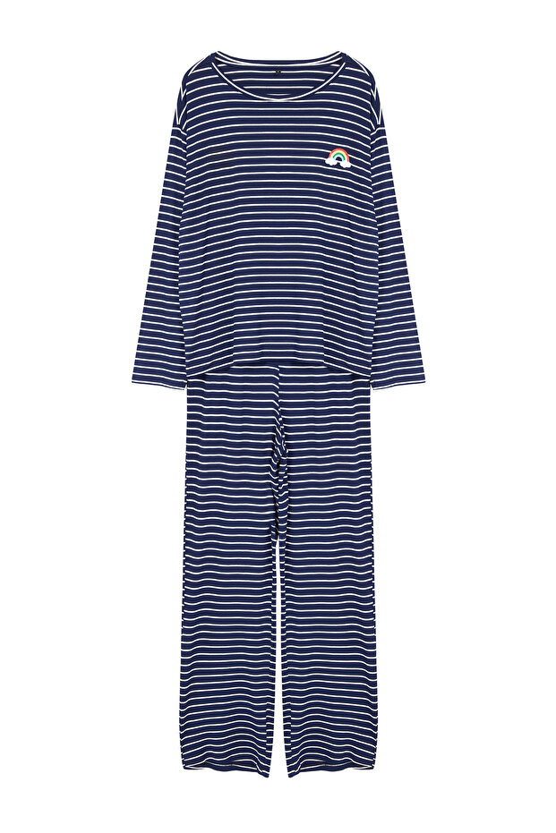 Lacivert Çizgili Gökkuşağı Baskılı Viskon Örme Pijama Takımı THMAW25PT00014 - 6