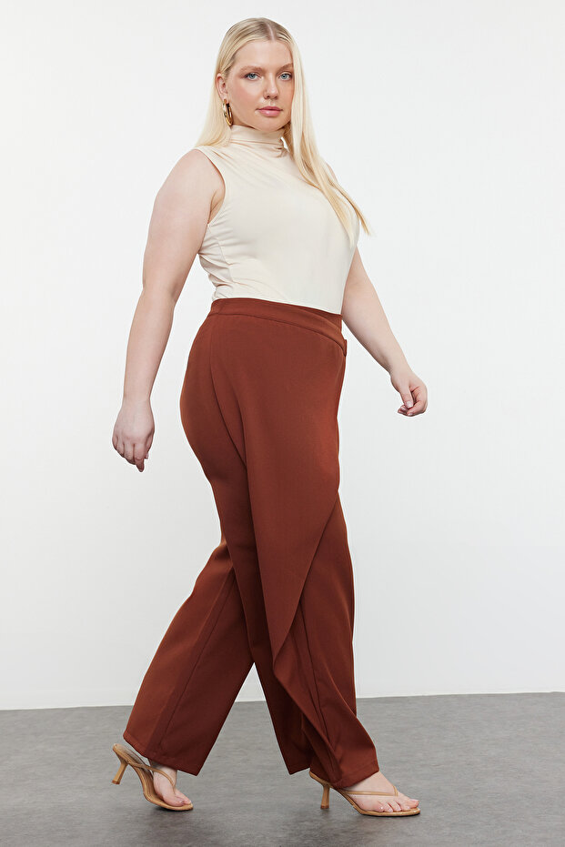 Kahverengi Wide Leg/Geniş Paça Çapraz Kapama Detaylı Dokuma Pantolon TBBSS24AR00049 - 2