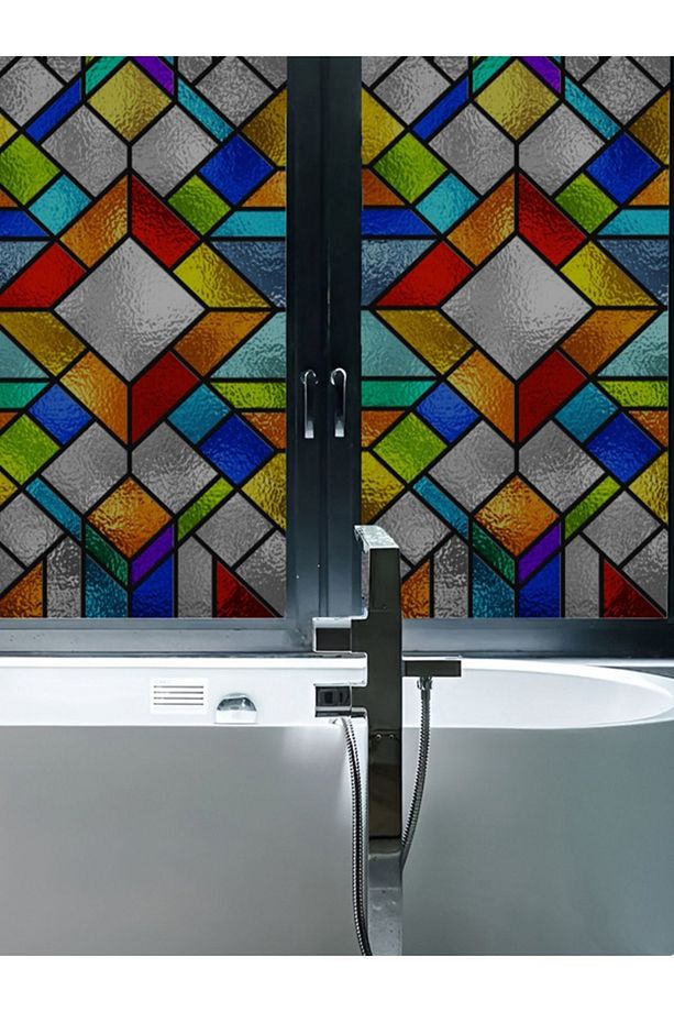 Sf 620 Renkli Geometrik Desenli Şeffaf Vitray Cam Kaplama Yapışkanlı Folyo - 4