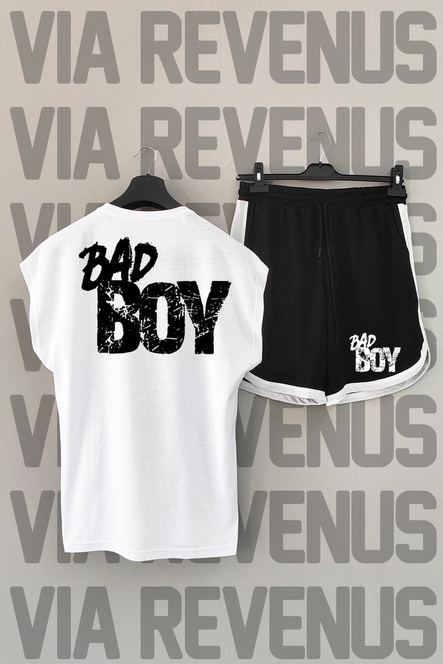 Bad Boy Back Printed Zero Sleeve Crew Neck White Sports Tshirt and Black Sports Shorts Set