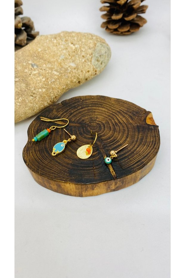 Handmade Ethnic Authentic Hippie Bohemian Enameled Fish Brass Set of 4 Earrings