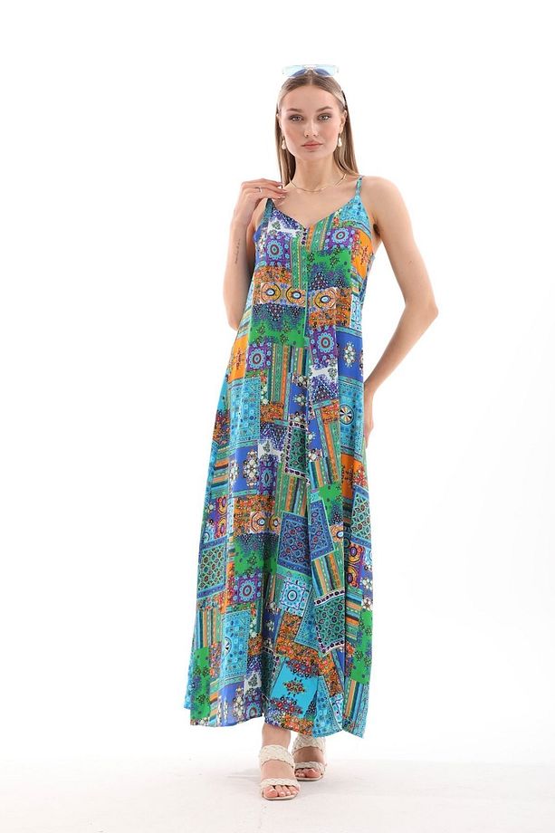 Patchwork Düz Askılı Viskon Elbise - 3