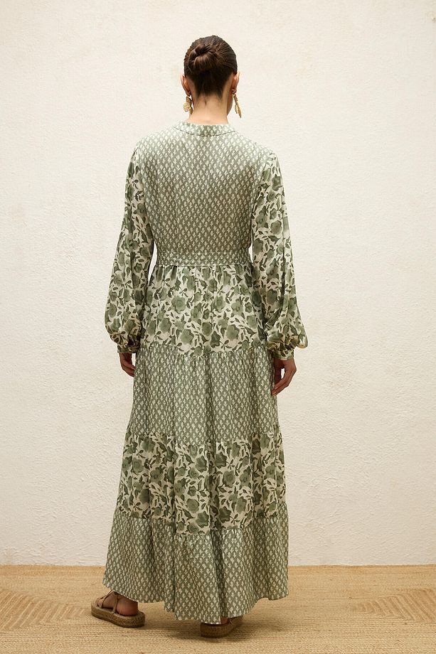 DESENLİ KATLI VİSKON ELBİSE GREEN SIMONE - 8