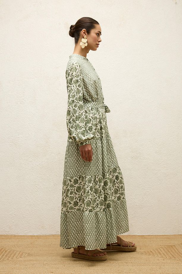 DESENLİ KATLI VİSKON ELBİSE GREEN SIMONE - 6