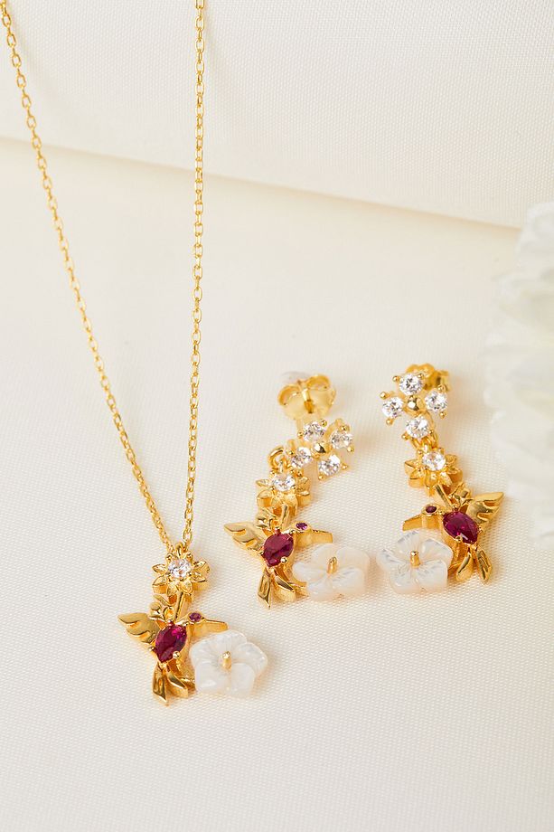 925 Ayar Gümüş Ruby Kuşu Kolye ve Küpe Set - 1