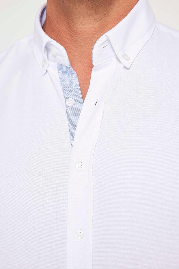 Slim Fit Uzun Kollu Düğmeli Yaka Pamuklu Kolay Ütü Düz Erkek Gömlek - 4