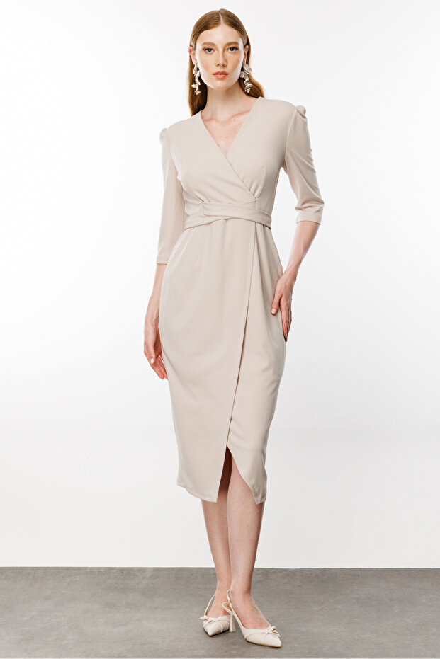 Kruvaze Bej Elbise - 6